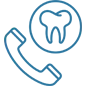Phone call icon with tooth symbol representing dental contact or appointment scheduling service.